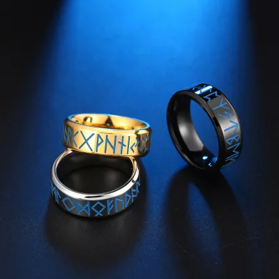 European Style 8 Mm Arc Engraved Nordic Viking Text Rhodium Plated Glow In The Dark Fashion Rings For Men
