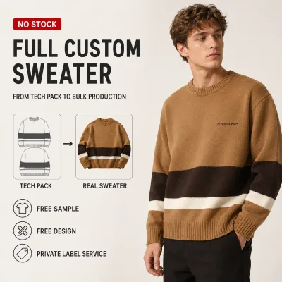 Private Label Sweater Gentlemen Brown Spliced Color Block Heavyweight Cotton Blend Oversized Loose Pullover Crewneck Sweater