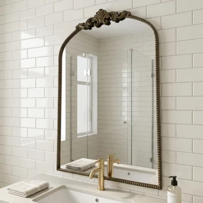 French retro style arched carved frame decorative wall mirror for entryway living room and bedroom HD Wall-mounted Mirror.