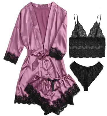 4pcs Women's Sleepwear Long Sleeve Women Pajamas Sexy Lace Lingerie Nightwear Underwear Sleepwear Suit for Women