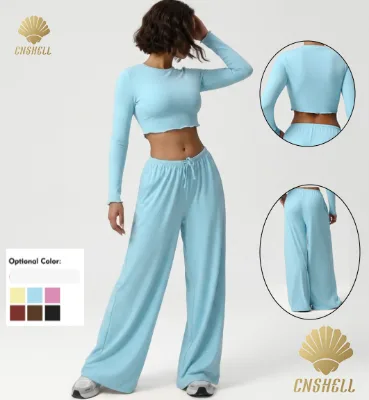 Trend 2026 Wholesale Solid Color Basic Long Sleeve Crop Top and Drawstring Loose Wide Leg Trousers Women Matching Set
