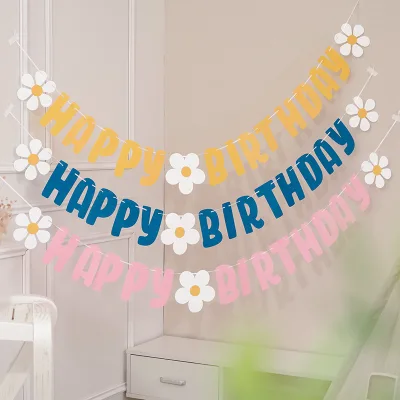 Hot Selling Flag Decorations Happy Birthday Banner Flower Theme Daisy Children's Colorful Flag
