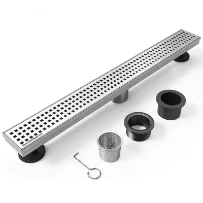 Modern Minimalist 36-inch Rectangular Linear Floor Drain Square-hole Panel Brushed Nickel Stainless Steel Adjustable