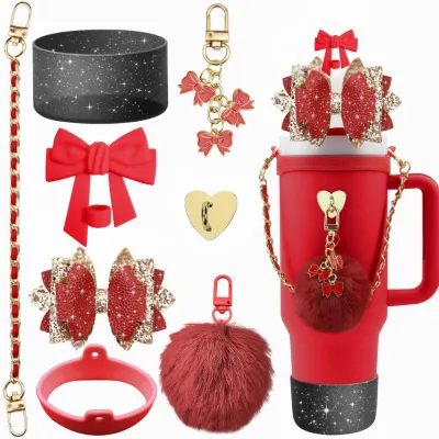 Bling Cup Accessories Set 40 OZ Tumbler Cute Bow Silicone Straw Topper Leather Bottle Handle Strap Drinkware Accessories