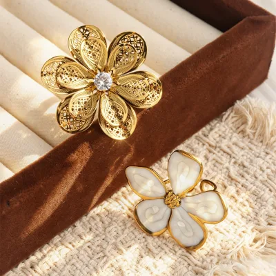 Wholesale Waterproof Stainless Steel Floral Rings Two Styles Hollow Zircon Flower White Enamel Flower Open Rings for Women