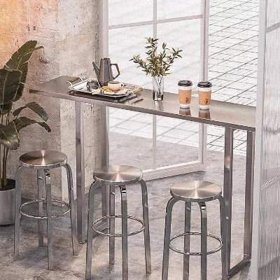 Modern Stainless Steel Stool Minimalist Bar Chair & Bar Table Set for Home Dining Room Wood Plank Design Dining Room Furniture