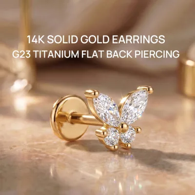 Romantic Irritation-free 14K Solid Gold Head G23 Titanium Flat Back Helix Stud Butterfly Zircon Piercing Earring 5/6/8mm