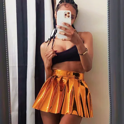INS Wholesale Women Sexy Shiny Silver Skirts Trendy High Waist PU Leather Skirt