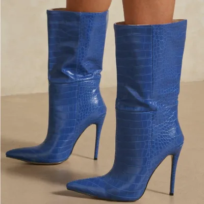Comfortable Print Midi Calf Boots Winter Pointy Toe High Heel Short Booty Slip-on Shoes Plus Size 43