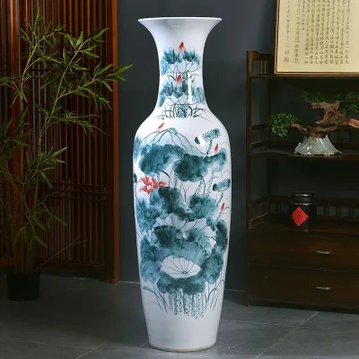 Handmade Pottery Antique Farmhouse Porcelain Flower Vase Lotus and Goldfish Vintage Large Ceramic Hand Painted Floor Vase