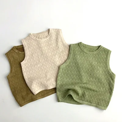 Factory Wholesale/OEM New Summer Children's Sweater - Stylish Open-weave Knitted Sleeveless Top for Both Boys and Girls