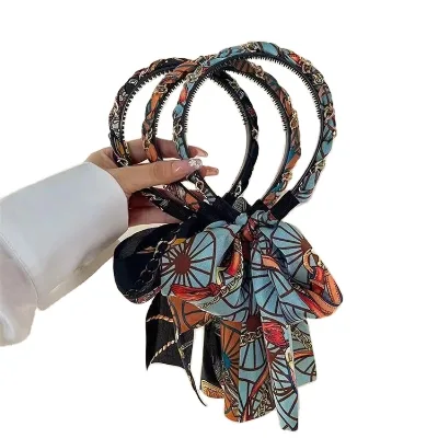 Vintage Chain Headband Satin Fabric Headband Press Hairpin Streamer Braid Headband