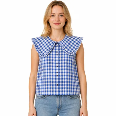 Custom OEM Sleeveless Gingham Blouse Women Blue White Check Button Down Shirt Ruffle Collar Boxy Fit Woven for Office Casual