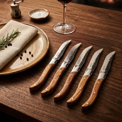 Multipurpose 6 Pcs Hammered Stainless Steel Steak Knife Set with Olive Wood Handle for Meat Fruit Bread Cutting