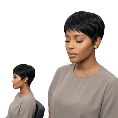 Wholesale Real Human Short-haired Little Elf Hair Extensions for Women, Black Synthetic Hair Wig, Natural Black Color.