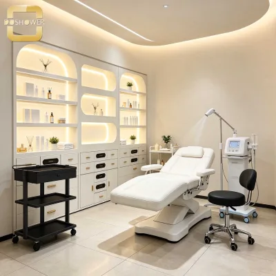 Curved Beauty Product Display Unit of Combined Display & Storage Cabinet for Barbershop & Beauty Studio