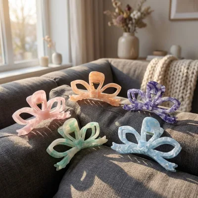 Extra Fashion Wholesale Premium Large Ribbon Bow Acetate Hair Claw Clips Marbled French Style Hair Accessories for Women