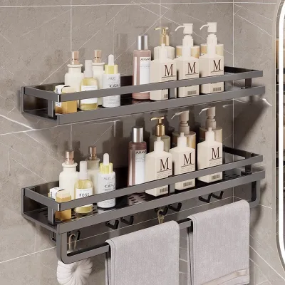 Modern Self-Adhesive Aluminium Metal Spice Rack Energy-Saving Wall-Mounted Bathroom Shelves for Kitchen and Living Room Storage
