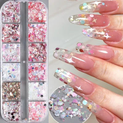 12 Grids Iridescent Nails Sequins Sparkly Crystal Fire Flakes Irregular Heart Star Nail Paillette Manicure Decoration
