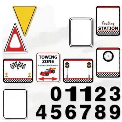 WERNNSAI Funny Race Car Birthday Party Disposable Paper Signs 10 Pieces Multi-Shaped Checkered Road Route Traffic Decorations