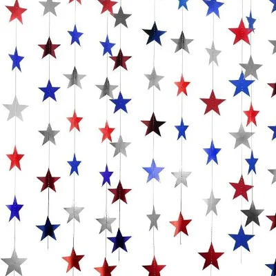 Gold Blue Silver Multicolor Iridescent Five-Pointed Star Tinsel Garlands Paper Streamers for Holiday and Party Decorations