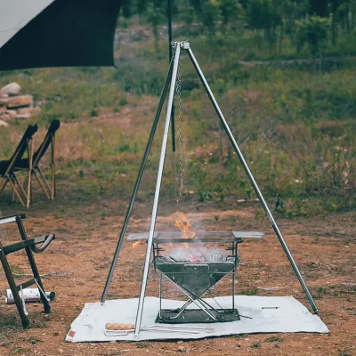 Adjustable Aluminum Folding Camping Tripod Bonfire Stand Picnic Large Capacity Hanging Pot Stand