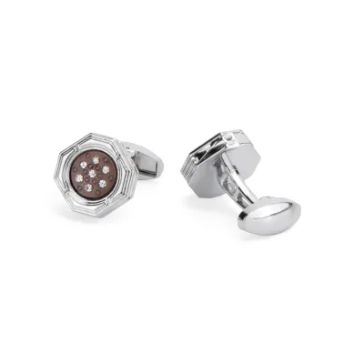 Daili Vintage Style Octagon Shape Zinc Alloy Cufflinks Polished Silver Frame Brown Panel Sparkling Rhinestone for Business Men