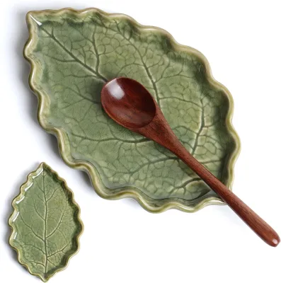 Ceramic Spoon Rest for Stove Top Cute Green Leaf ShapedRest/Holder for Kitchen Countertop Cooking Kitchen Utensil Rest (Green)
