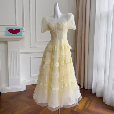 High Quality Wholesale Elegant Princess Cake Dress Fairy Long Dress Light Luxury Yellow Chiffon Embroidered Banquet Girl
