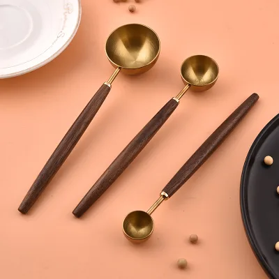 Brass Coffee Scoop with Long Wooden Handle, Measuring Spoon for Ground Coffee, Loose Leaf Tea & Beans