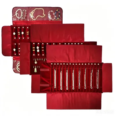 Red Exquisite Velvet Jewelry Organizer Soft Roll-Up Jewelry Bag Metal Zipper Promotional Tote Bags Jewellery Bag Pouch Case