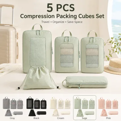 Wholesale 5pcs Taslan Nylon Compression Packing Cubes Set Water-Resistant Travel Luggage Organizer for Clothes and Daily Storage
