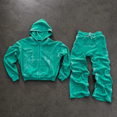 Custom High Quality 100% Heavy Cotton Oversized Set China Clothing Manufacturer Rhinestone Detailing Green Tracksuit
