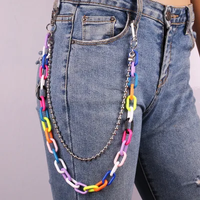 FT Hip Hop Colorful Layered Acrylic Jeans Pants Chain Chunky Wallet Pocket Keychains Waist Belt Chain Accessory for Girls