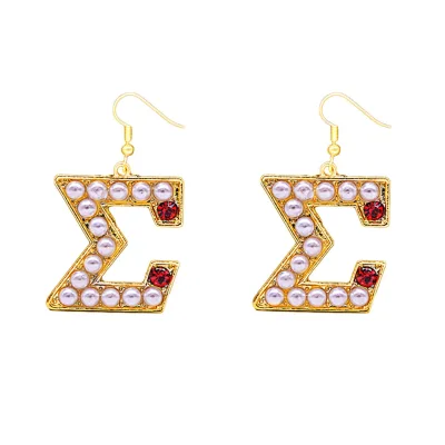High Quality White Pearl and Red Stone Inlaid Greek Sigma Gamma Rho Inspired SGRho Sorority Women Jewelry Drop Earrings