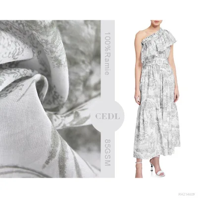 Black and White Literary Style Print Pure Natural 100% Ramie Print Fabric for Dress or Shirts