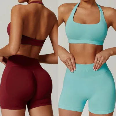 Women Cowl Neck Solid Yoga Set High Waisted Workout Shorts Tummy Control Breathable Eco-Friendly 2-Piece Activewear Wholesale