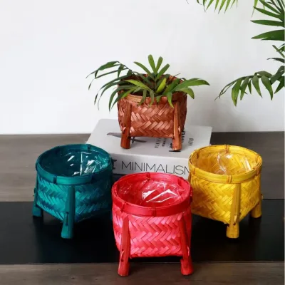 Bamboo-woven Decorative Small Flower Pots for Succulents, Flower Basket , Vintage Flower Holder for Tabletopgreen