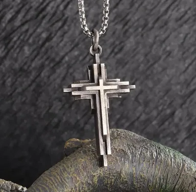Vintage Style Three-Layer Cross Pendant Necklace for Men Trendy Geometric Link Chain Freshwater for Buddhism