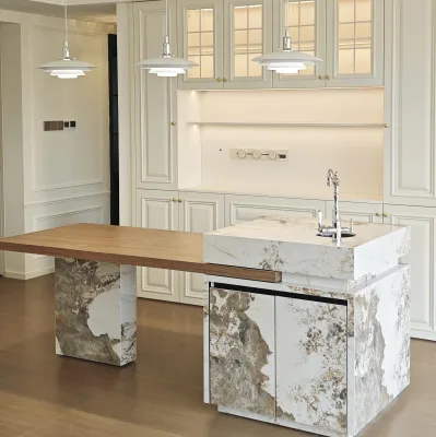 Modern Natural Marble Kitchen Island With Extendable Wooden Dining Table for Small Kitchen