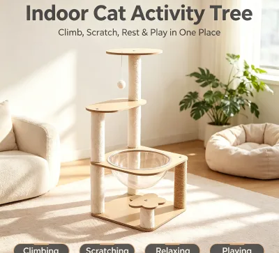 Multi-Function Cat Activity Tree Wood Frame Climbing Tower with Clear Space Capsule Rest Area and Hanging Toy