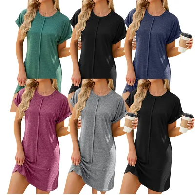 Women's 2024 Summer O-Neck Casual Eco-Friendly Natural Waist Dress Short Sleeve Daily Simple Solid Fashion Pullover Gentle Style
