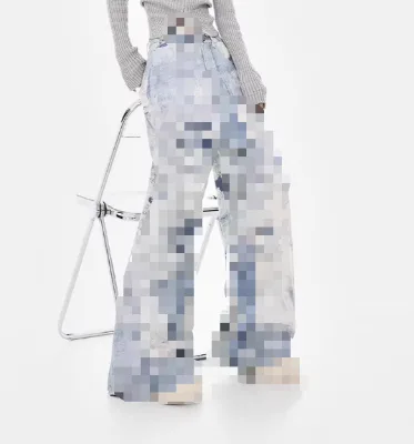 American Style High Street Washed Patchwork Design Sense High Waist Loose Breathable Denim Casual Pants