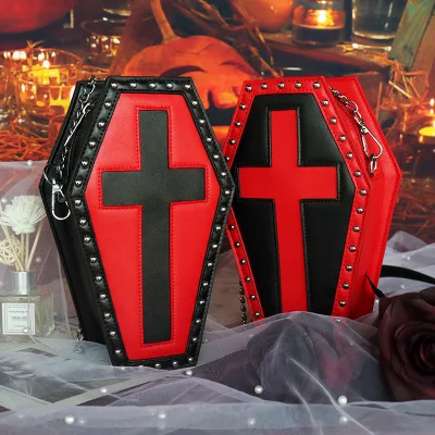 Custom Designer Comic Style Women's Shoulder Bag Gothic Coffin Purse With Rivets Cross Goth Chain Bags