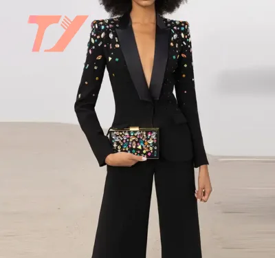 TUOYI Fashion New Heavy Industry Nail Bead Colorful Diamond Slim Fit Suit Coat Horn Pants Suit Set