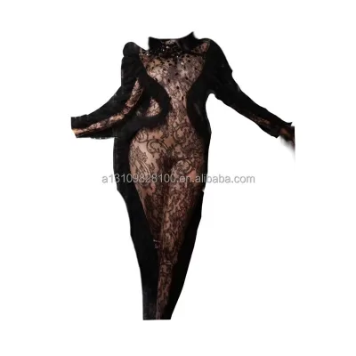 Black Beard Jumpsuit Pattern Set Lace Tight Sexy Perfume Nightclub Bar Gogo Singer Performance Dress