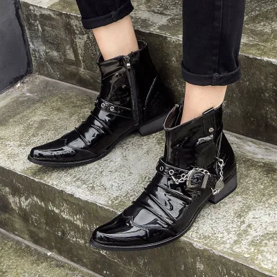 Korean Version of the Trend 2025 New Personality Pointy Male Patent Leather Increase Short Tube Fashion Leather Boots