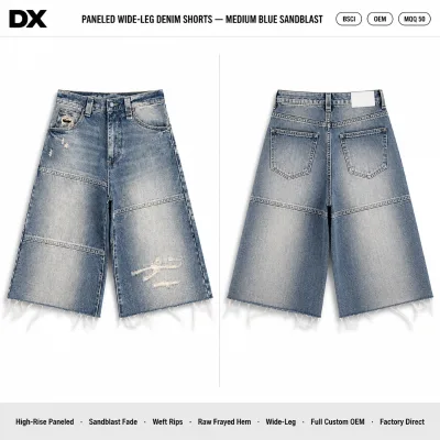 Custom 420GSM Medium Blue Sandblast Wide-Leg Denim Shorts High-Rise Paneled Weft Rips Raw Frayed Hem OEM Manufacturer for Brands