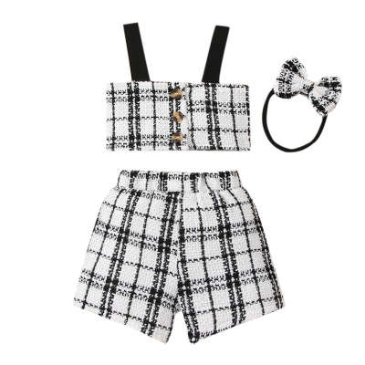 Kids Clothing Girls Sleeveless Sling Fashion Plaid Shorts Headband Three Piece Baby Clothes Set New Born