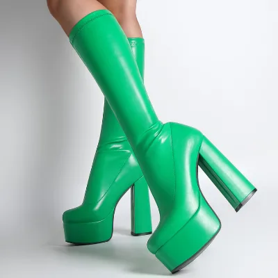 Womens Knee High Boots PU Leather Platform Block Heel Boots with EVA Midsole for Elevated Year Round Fashion Styling for Women